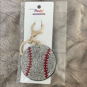 Baseball Keychain rhinestones, clear red on black felt backing NWT